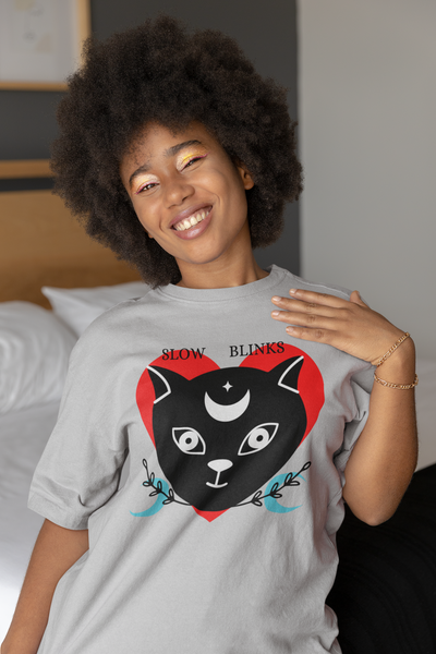 Slow Blinks Cat Love Graphic t-shirt