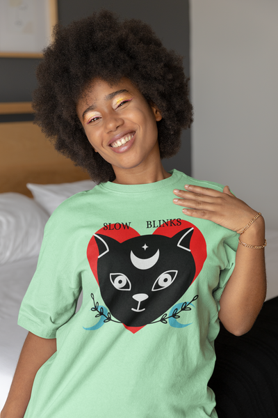 Slow Blinks Cat Love Graphic t-shirt