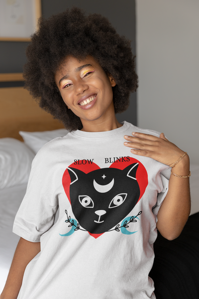 Slow Blinks Cat Love Graphic t-shirt